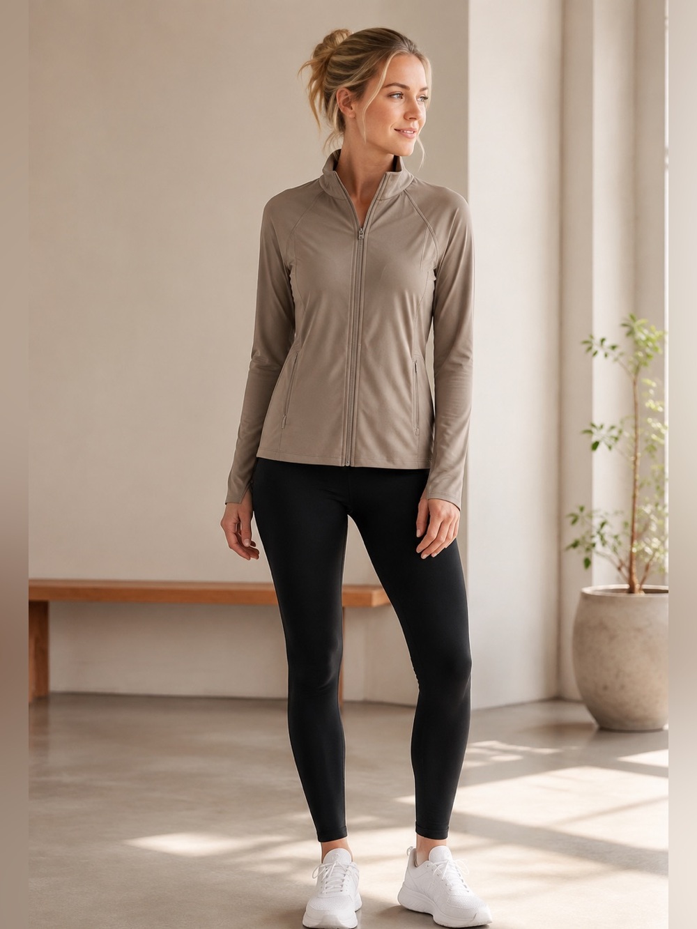 Athleta Taupe Stretch Full Zip Funnel Neck Jacket Size M
